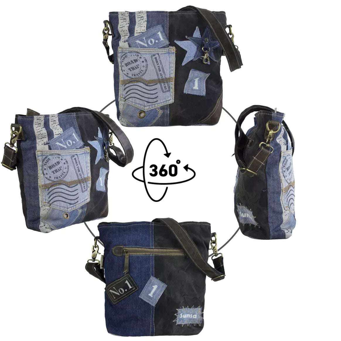 Sunsa Damen Umhängetasche aus recycelter Jeans, Canvas & Leder