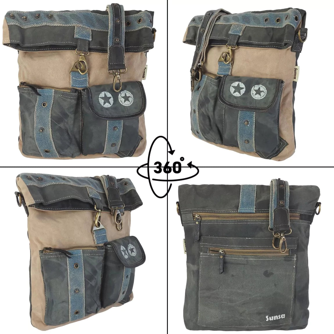 Sunsa Upcycling Canvas & Leder Umhängetasche