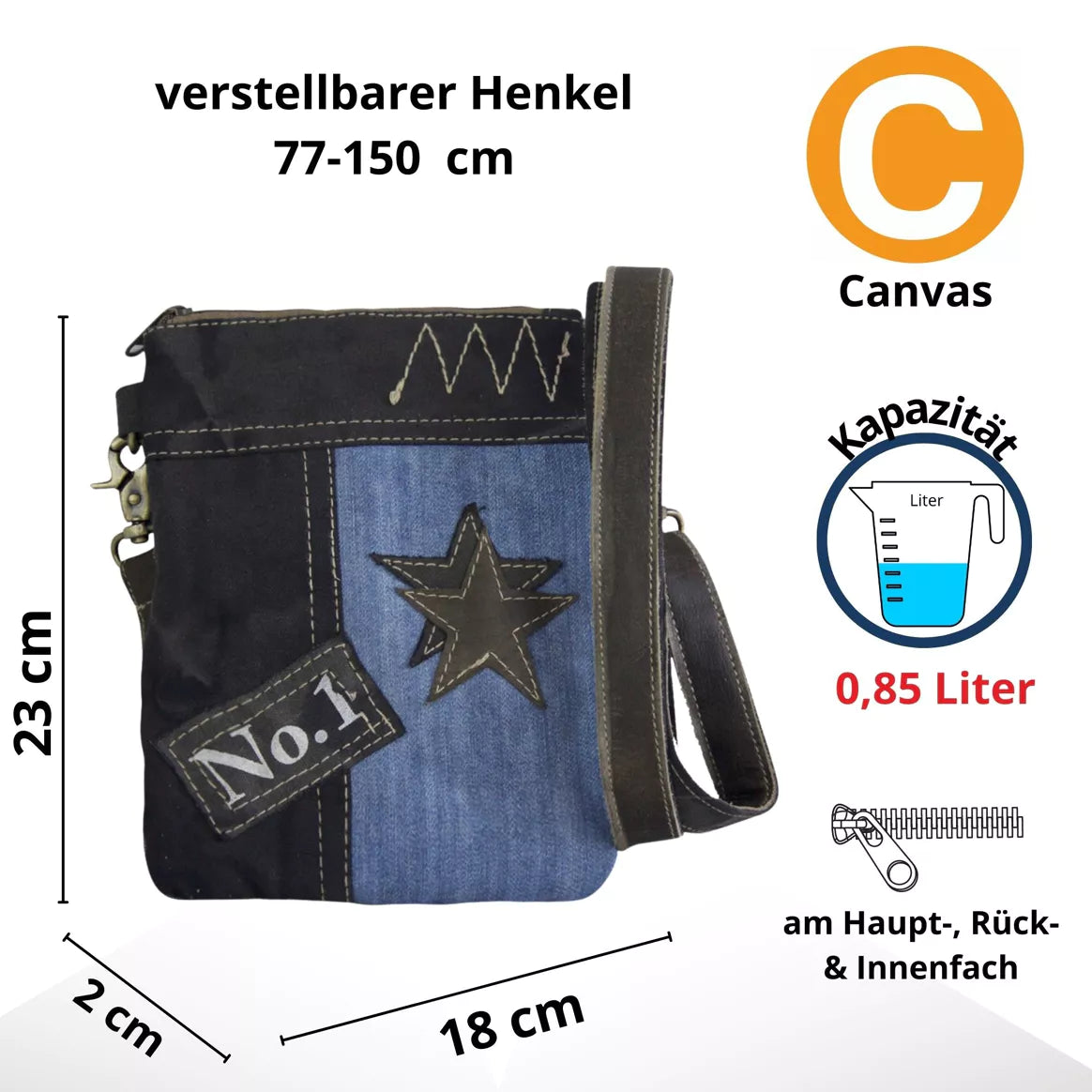 Sunsa Umhängetasche aus recycelter Jeans & Canvas blau/schwarz