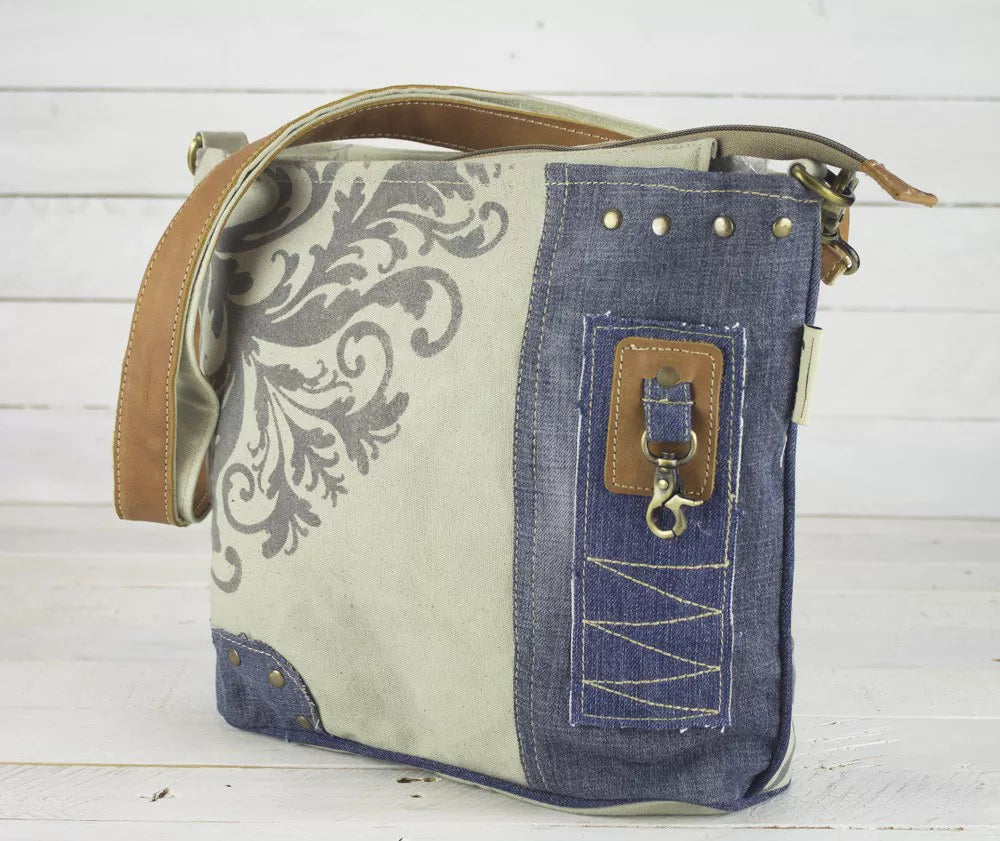 Sunsa Umhängetasche aus recycelten Jeans und Canvas beige/blau