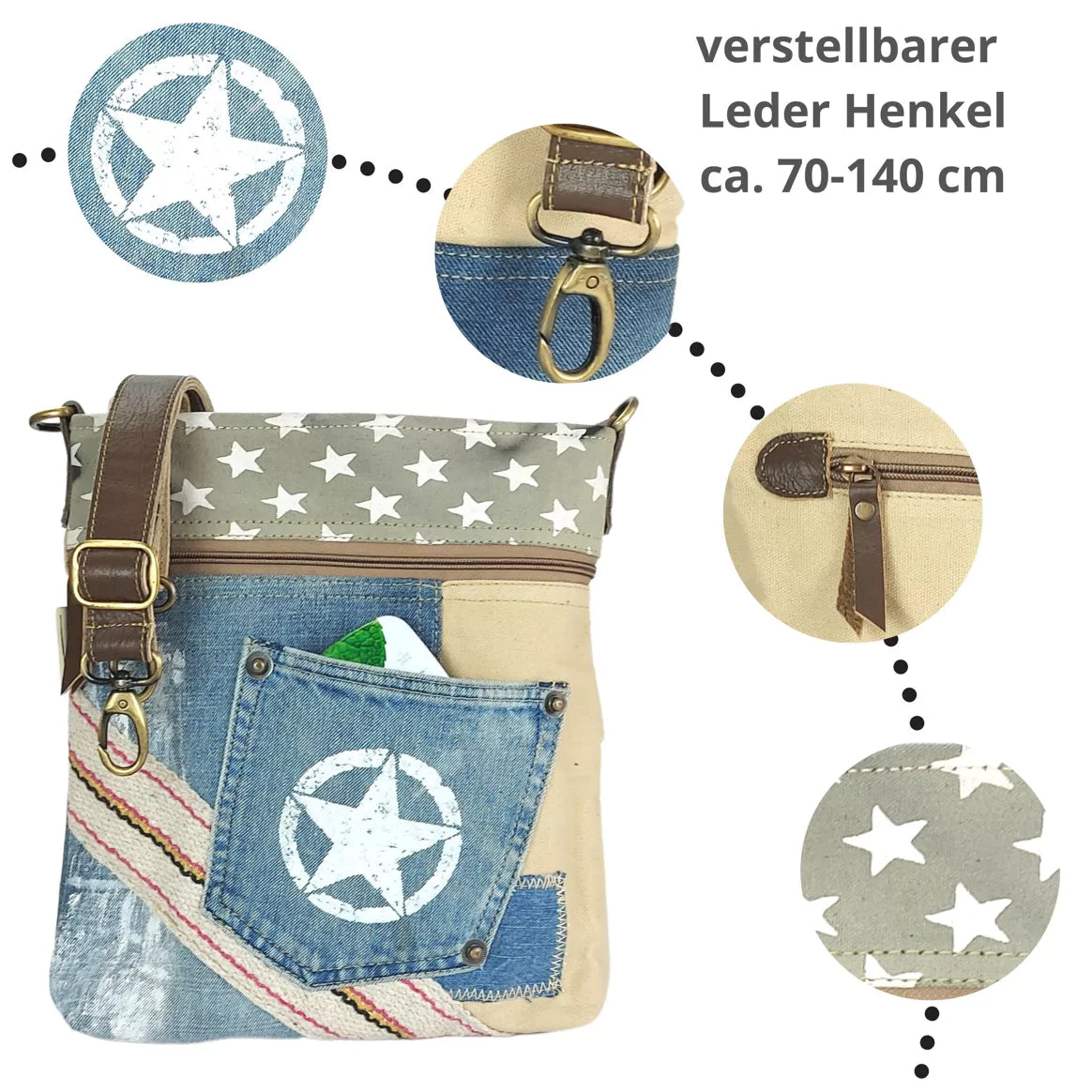 Sunsa Damen Umhängetasche aus recycelten Jeans & Canvas beige/blau
