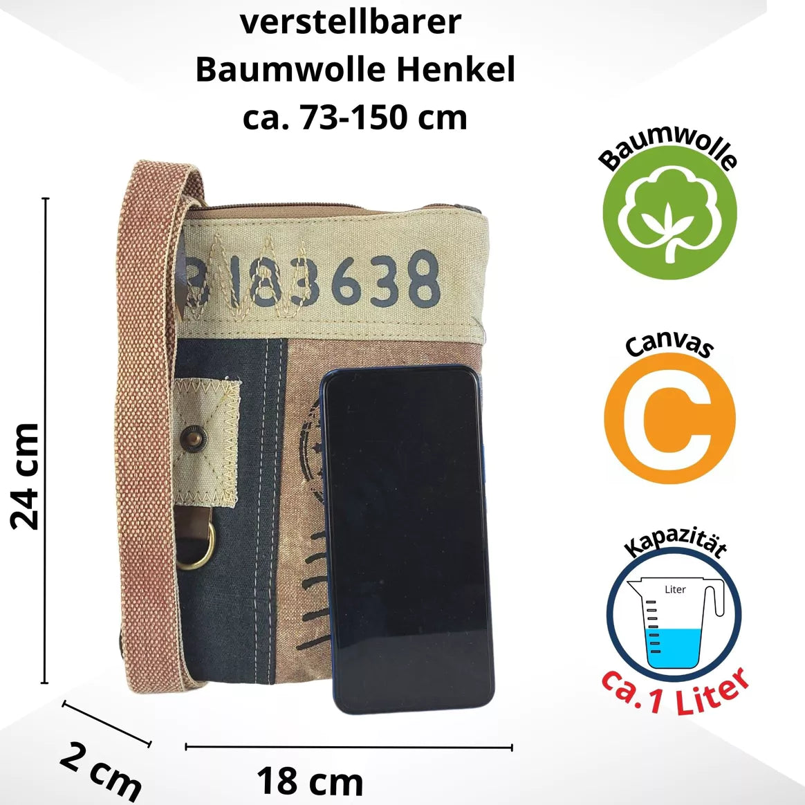 Sunsa Damen Crossover Bag aus Canvas & Leder im Vintage Retro Stil hell