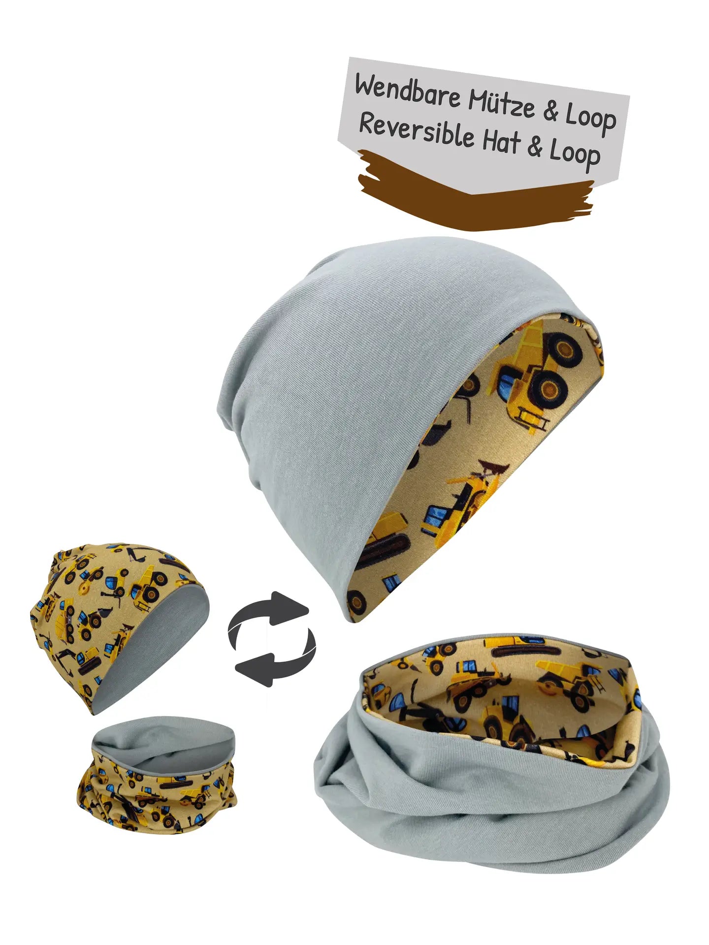 HECKBO Mütze & Schal Set Baufahrzeuge wendebar 2-8 Jahre