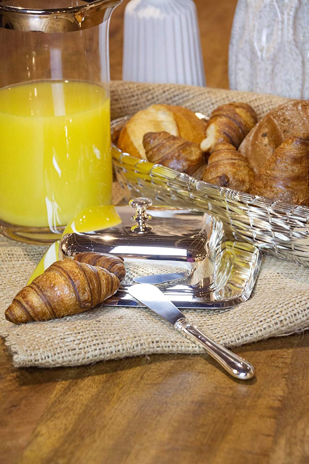 Edzard Butterdose, versilbert, mit Glasschale und Messer