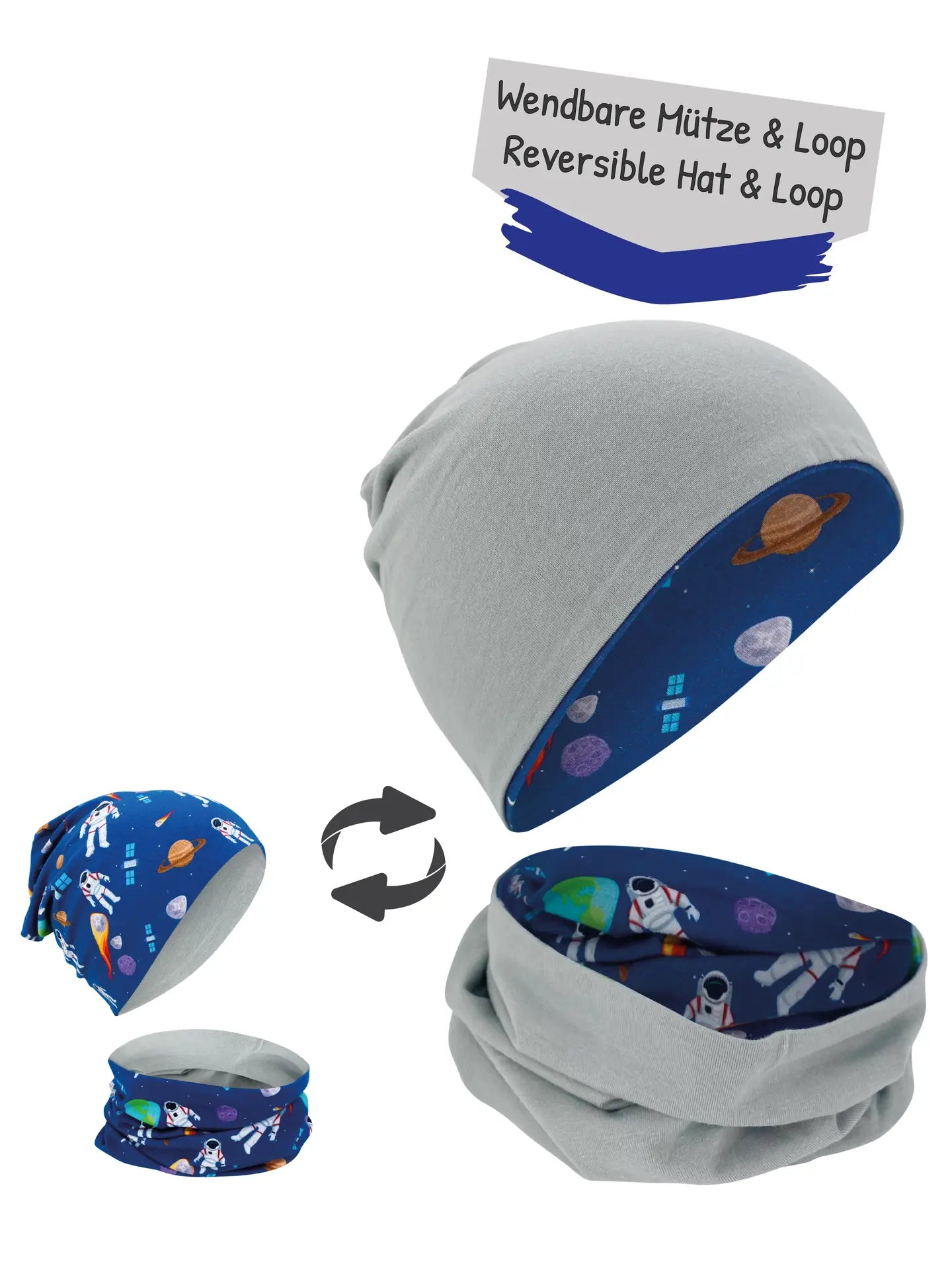 HECKBO Mütze & Schal Set Astronaut wendebar 2-8 Jahre
