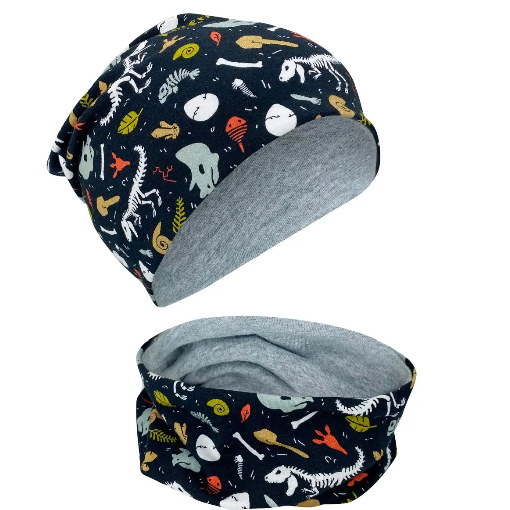 HECKBO Mütze & Schal Set Dino Skelett wendebar 2-8 Jahre